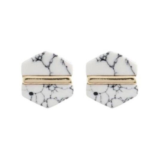 White Marble Hexagon Stud Earrings